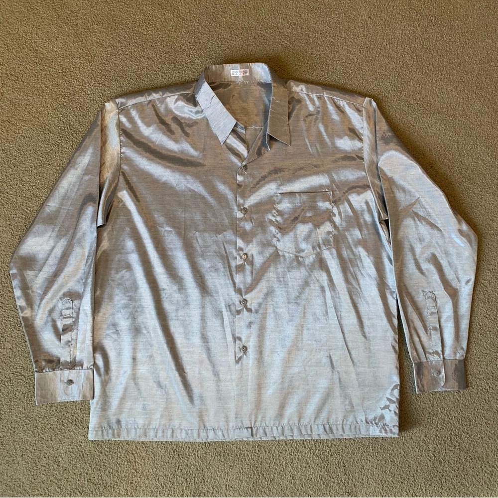 THAI SILK Mens Long Sleeve Button Up Shirt 100% Silk Color Shiny Silver size XXL